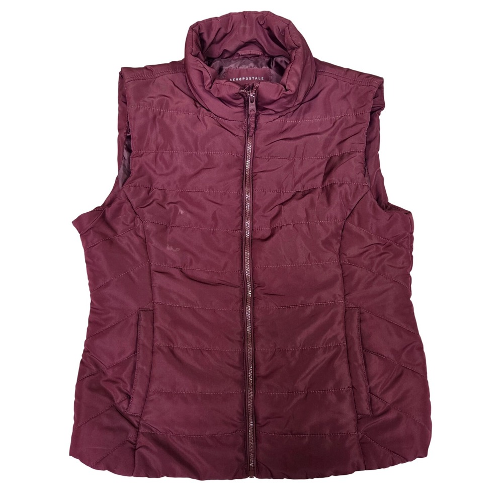 Aeropostale Womens Puffer Vest Burgundy Quilted Zip Up Mock Neck Large Boho